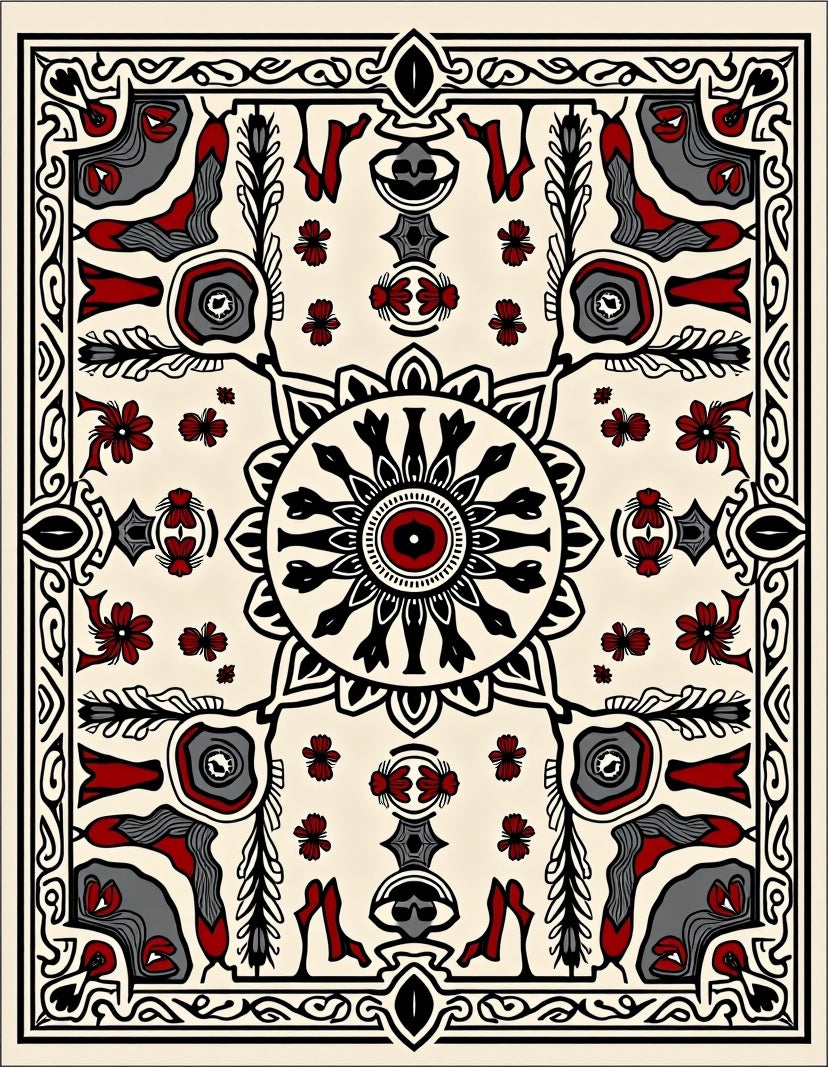 Crimson Black Floral Mandala Border Rug