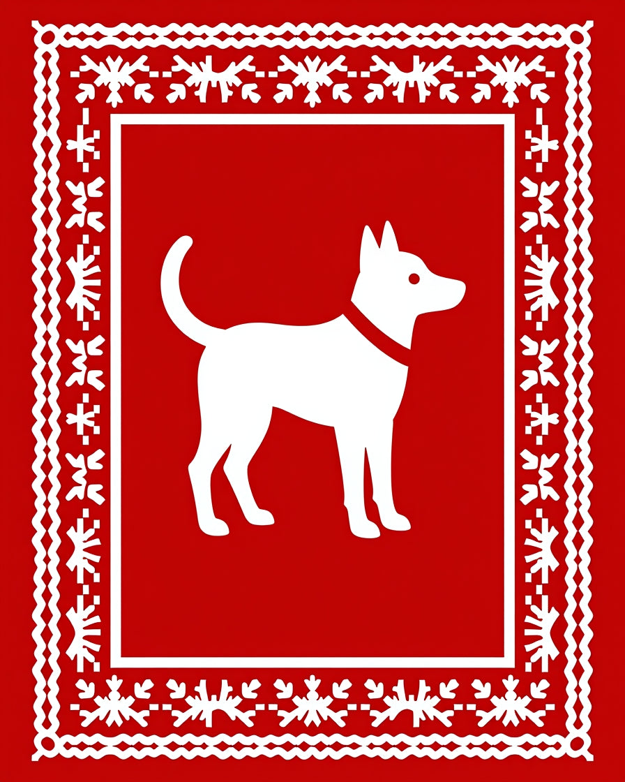 Red White Canine Folk Art Rug