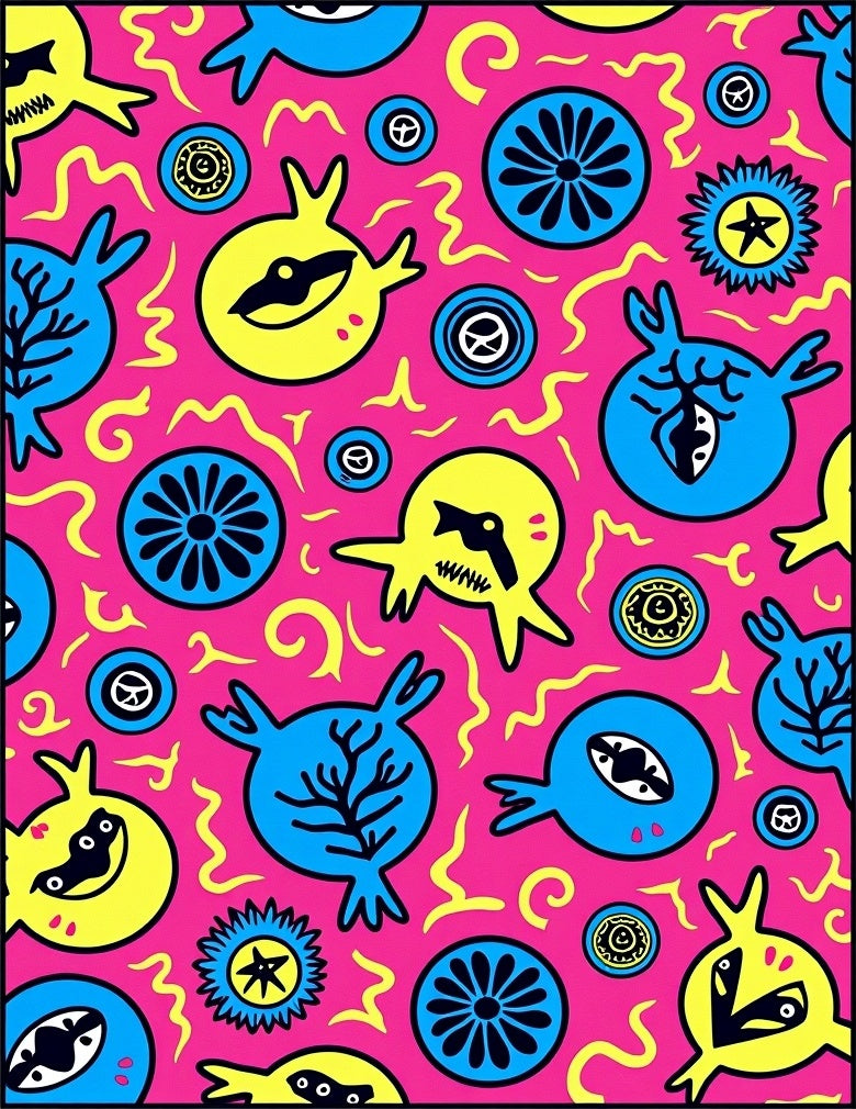 Groovy Pink Yellow Blue Abstract Monsters Rug