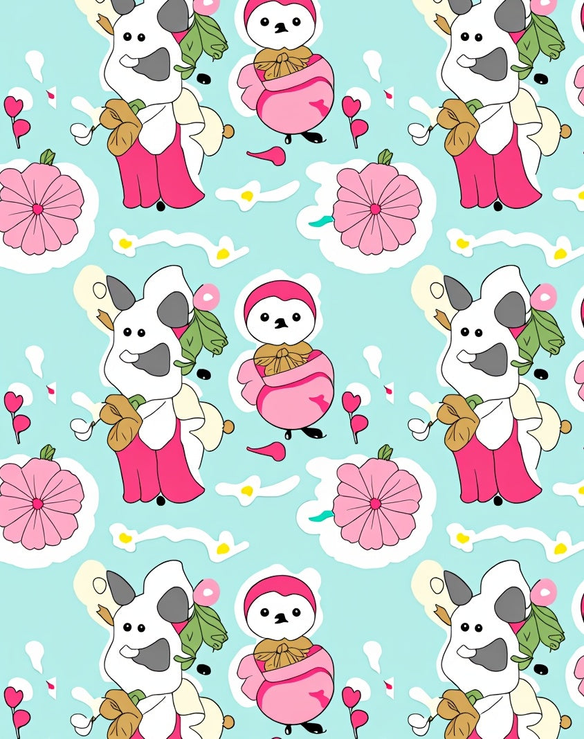 Playful pink penguin and sheep garden Rug