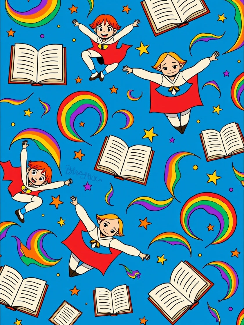 Whimsical Flying Children Rainbow Books Rug