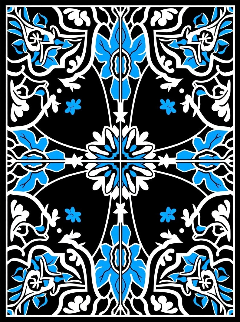 Black Blue Floral Arabesque Rug