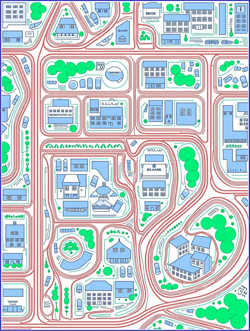 Blue Cityscape Buildings Red Roads Rug