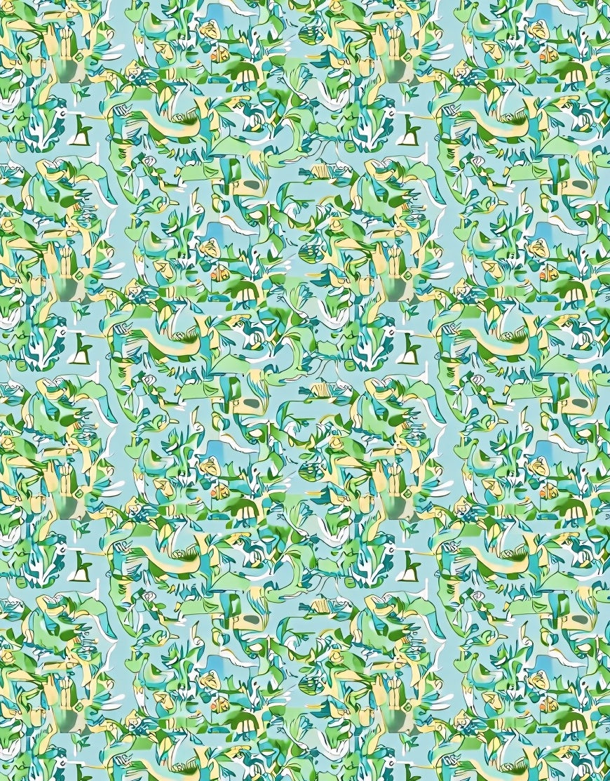 Whimsical Green Blue Abstract Collage Rug