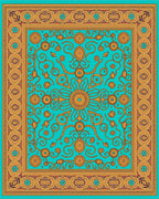 Golden Sunburst Teal Medallion Border Rug