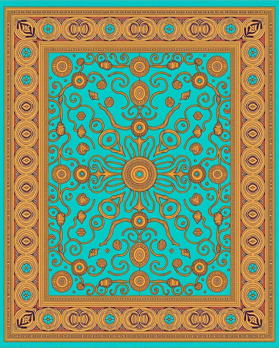 Golden Sunburst Teal Medallion Border Rug