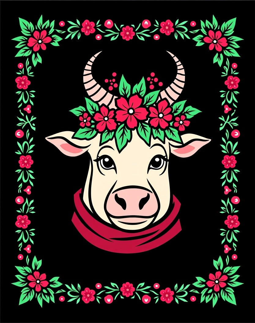 Cream Cow Floral Garland Border Rug