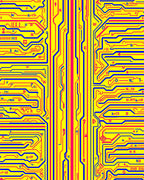 Yellow Circuit Board Red Blue Lines Rug