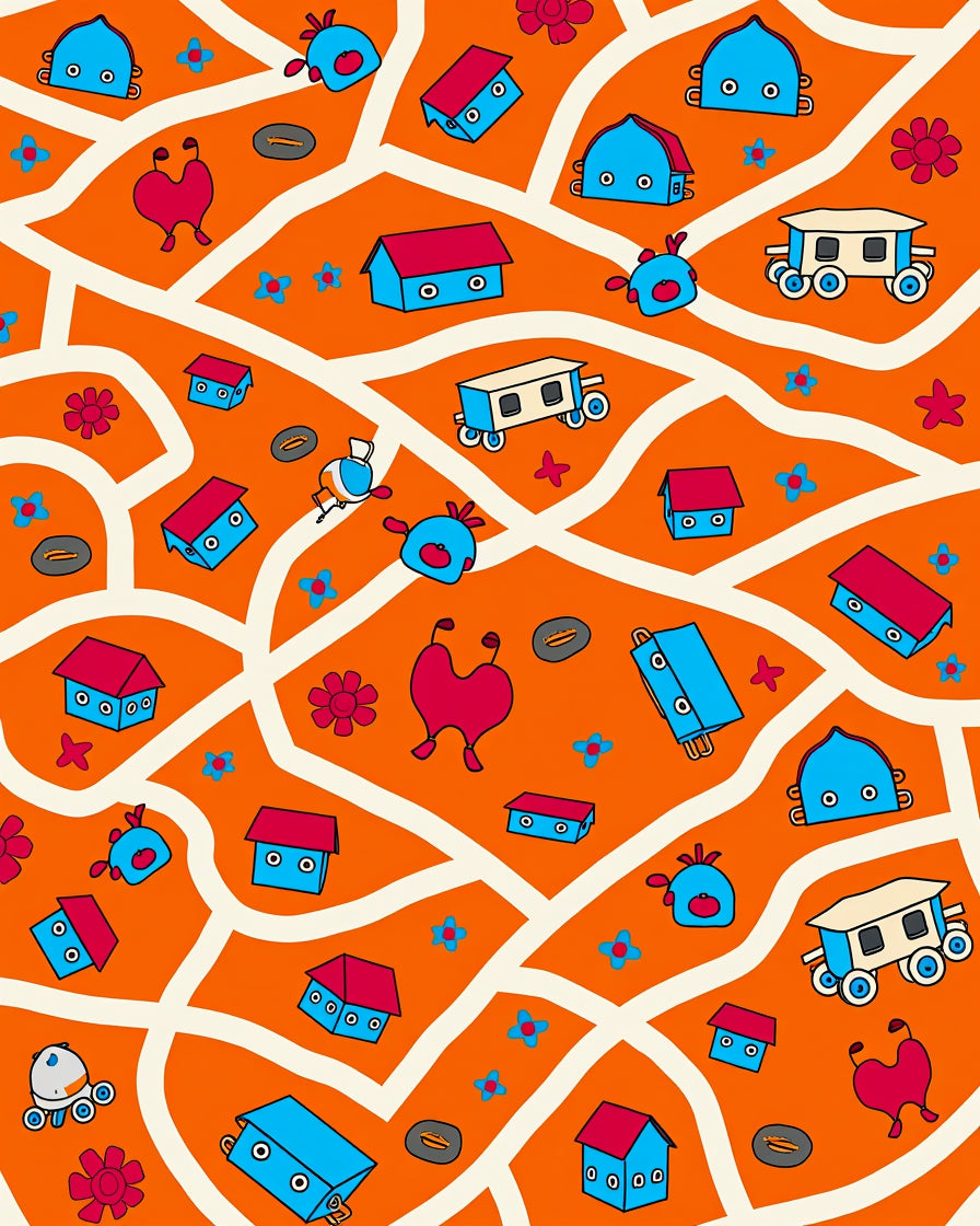 Playful Cartoon Village Orange Sky Rug