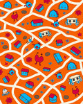 Playful Cartoon Village Orange Sky Rug
