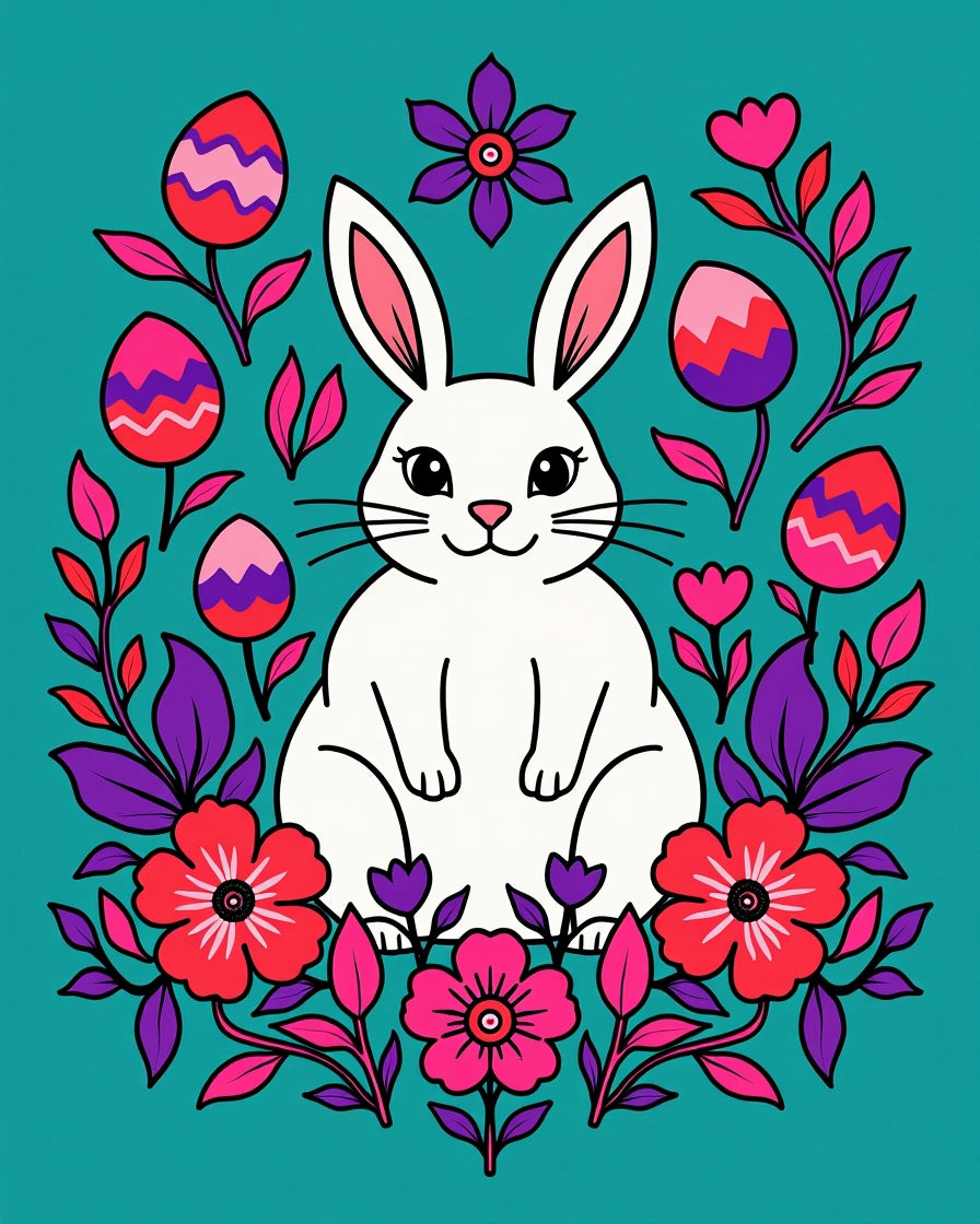 Playful White Bunny Floral Easter Eggs Rug