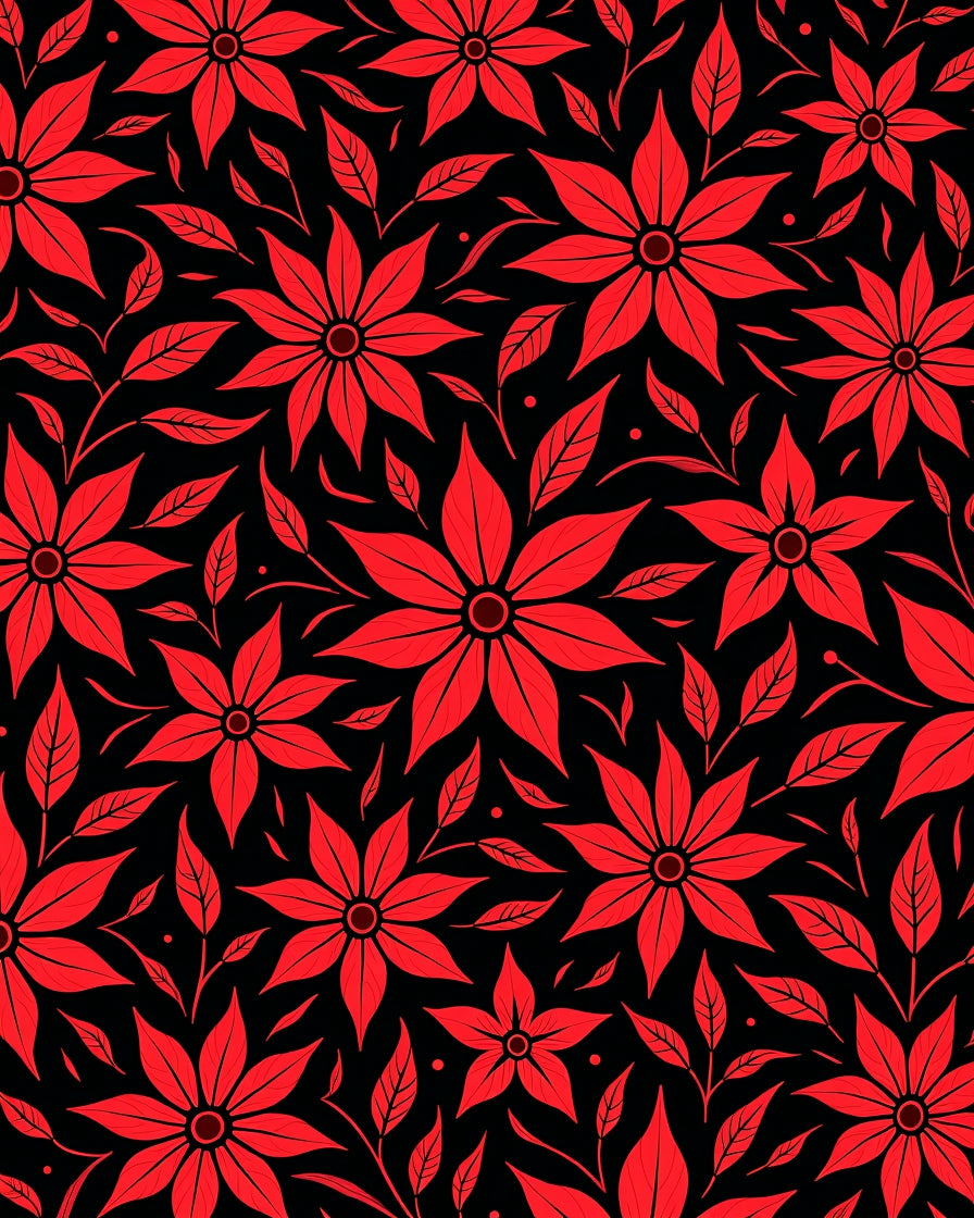 Crimson Floral Vines Black Rug