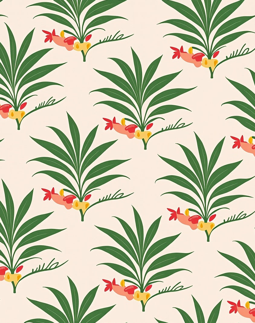 Tropical Pink Coral Green Palm Leaves Rug