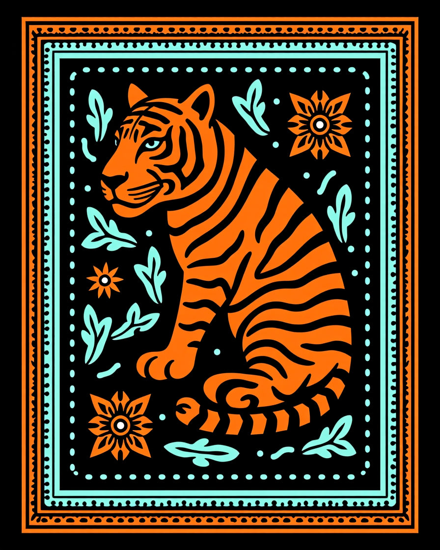 Bold Orange Tiger Floral Border Rug