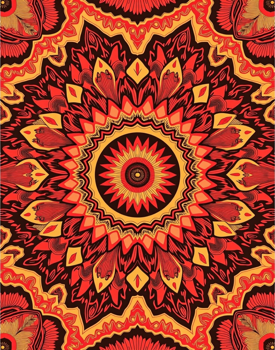 Vibrant Sunburst Mandala Red Orange Rug