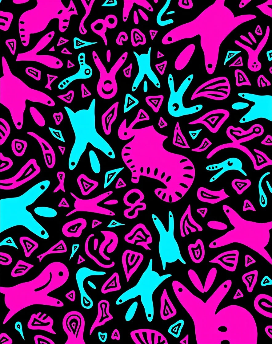 Vivid Pink Teal Abstract Whimsical Creatures Rug