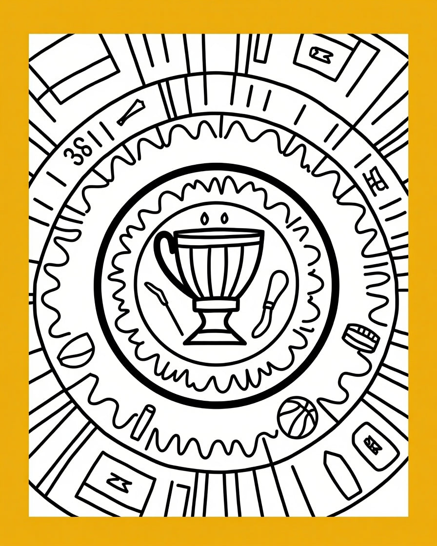 Circular Line Art With Objects Rug