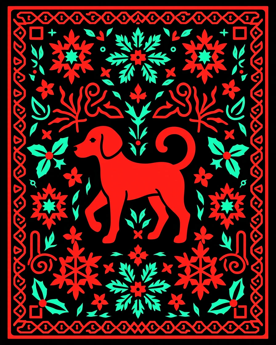 Red And Teal Dog Folk Art Rug