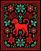 Red And Teal Dog Folk Art Rug