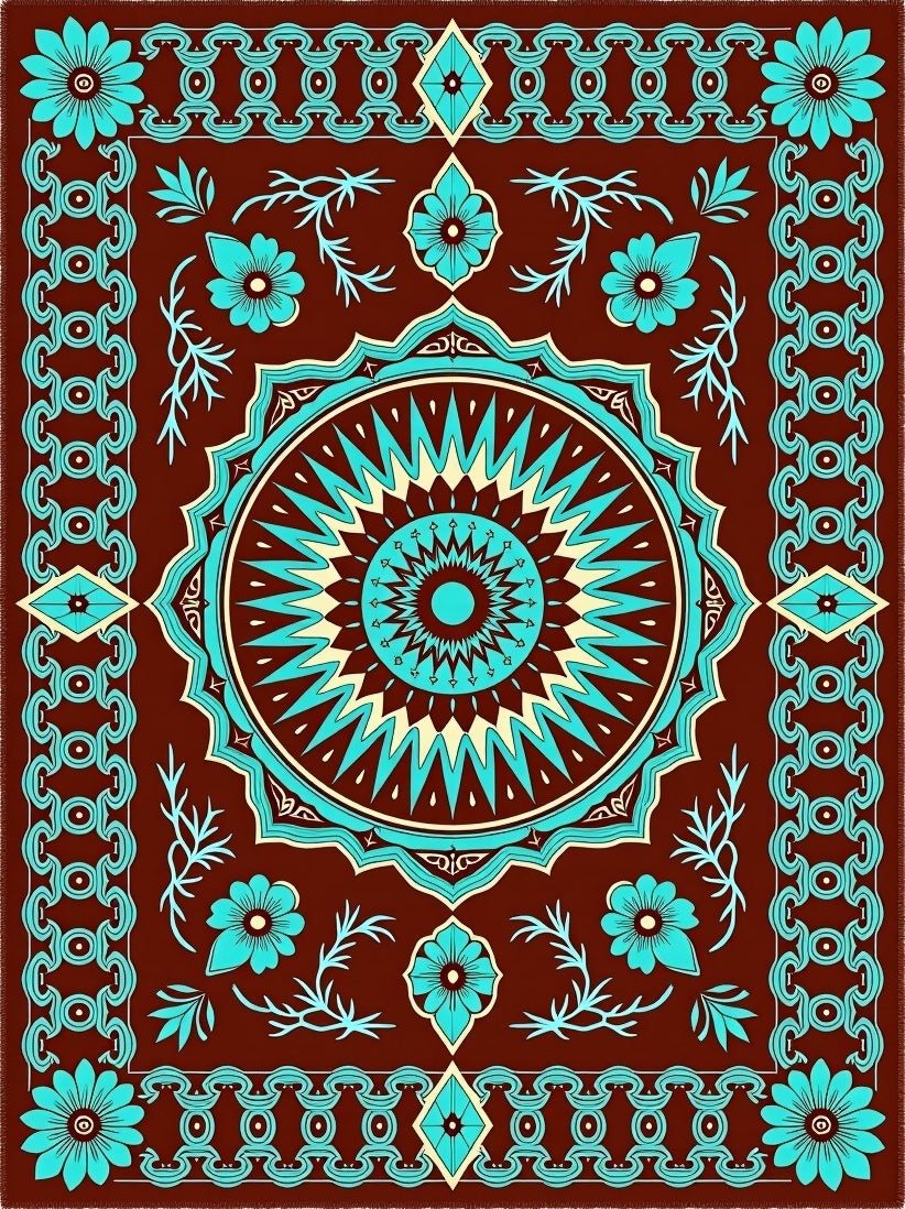 Brown Cyan Sunburst Floral Medallion Rug