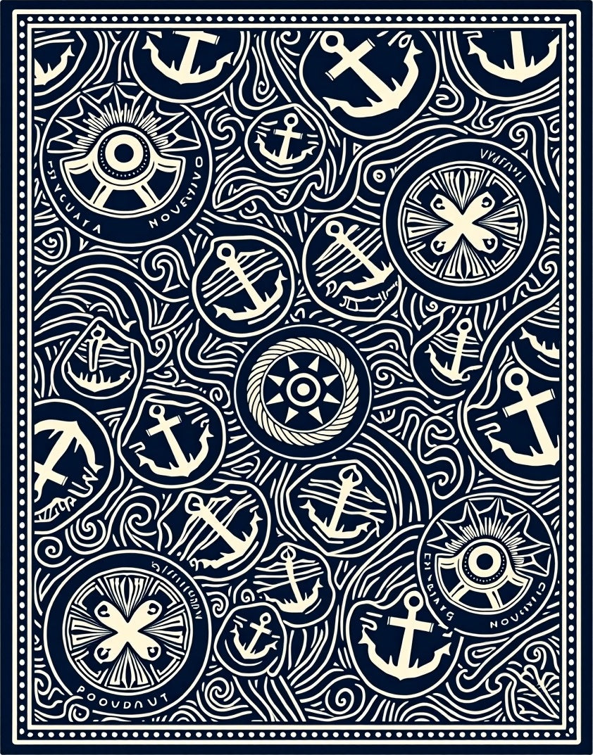 Navy Blue Nautical Anchor Medallion Collage Rug