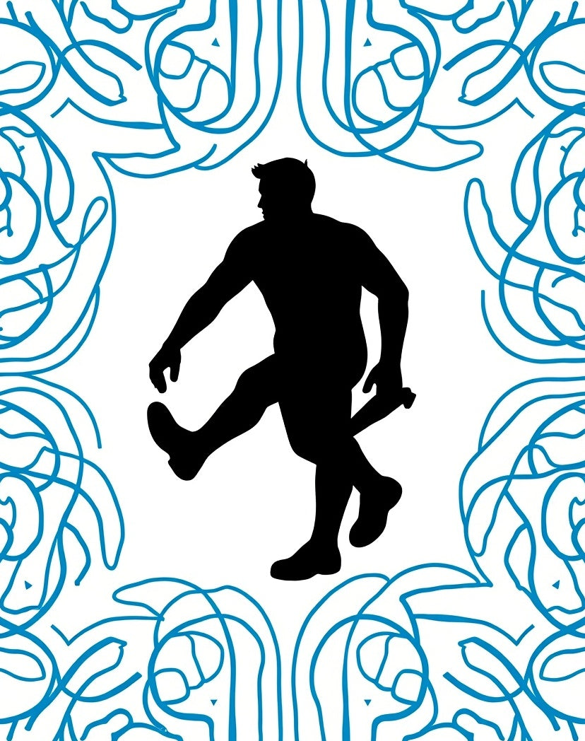 Black Silhouette Figure Blue Swirl Frame Rug