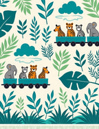 Jungle Animals On Train Teal Rug