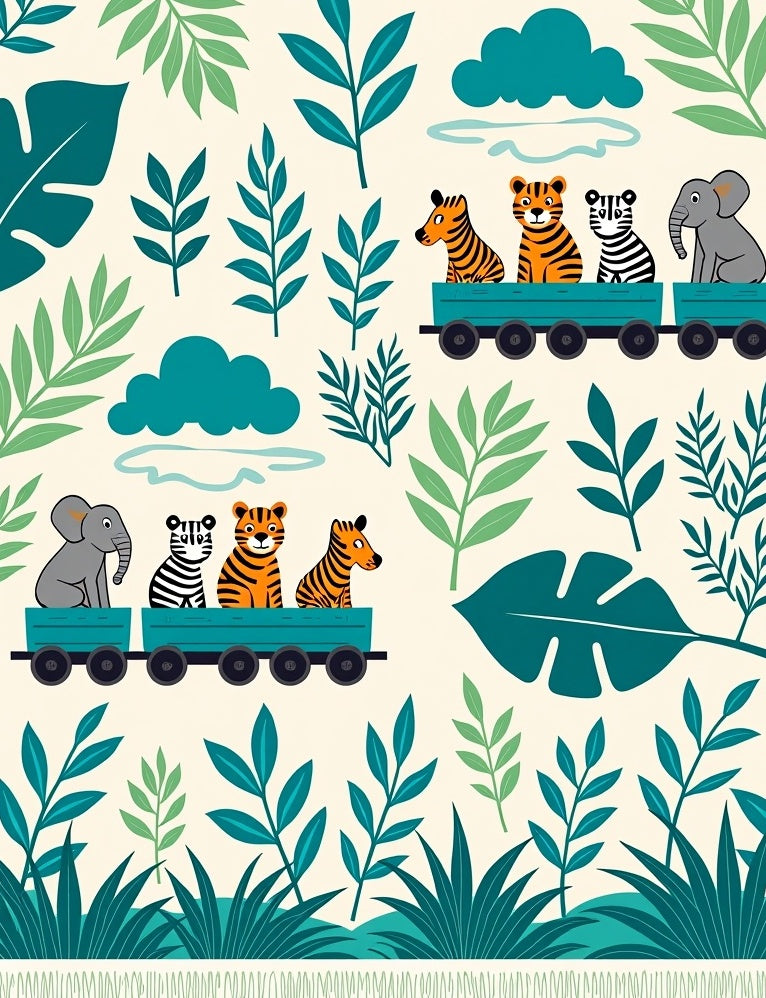 Jungle Animals On Train Teal Rug