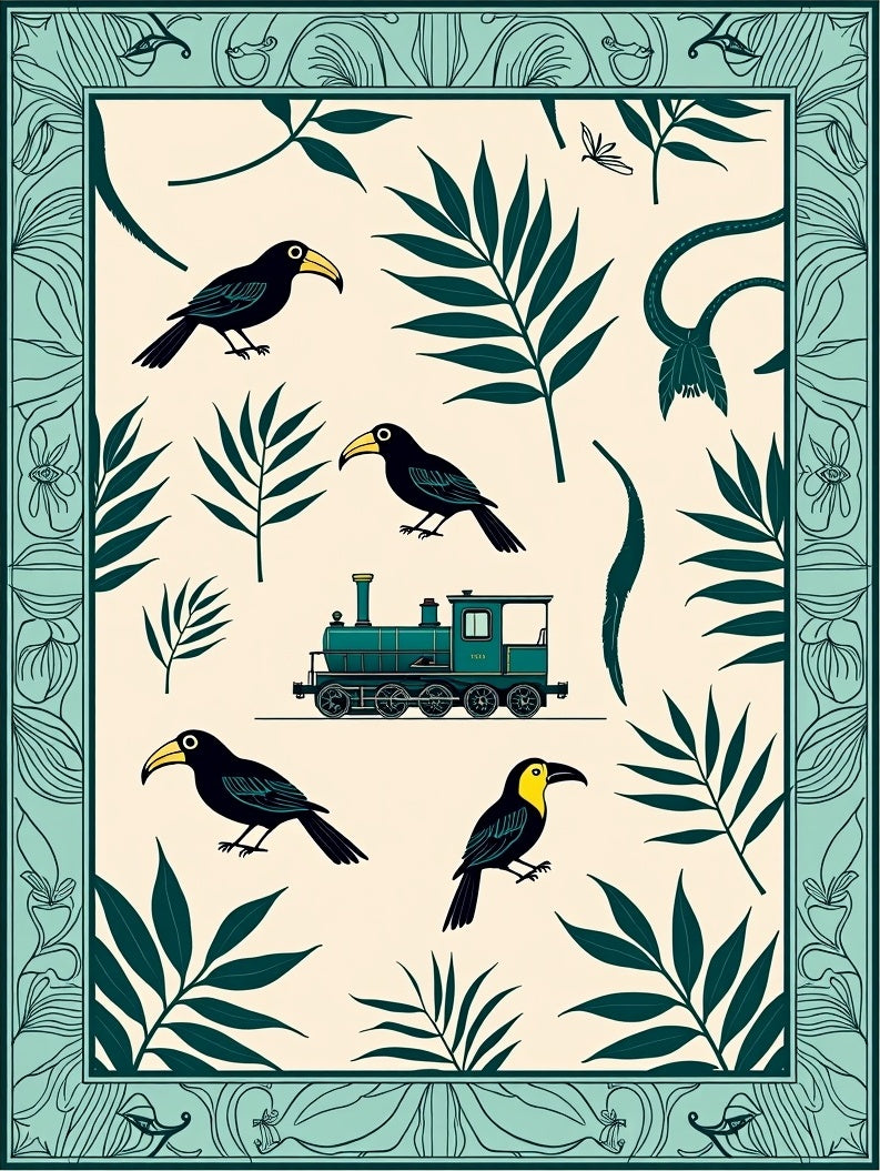 Teal Toucan And Train Jungle Scene Rug