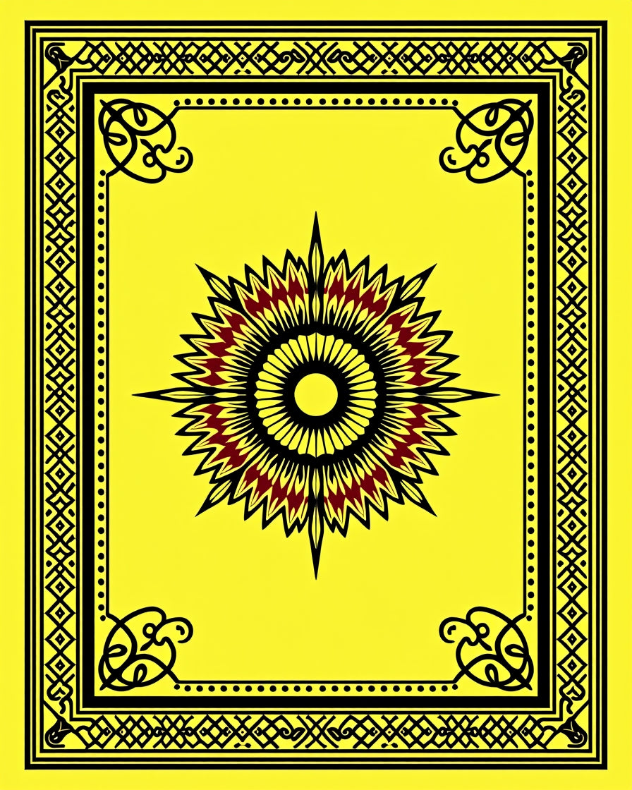 Yellow Black Red Sunburst Medallion Border Rug