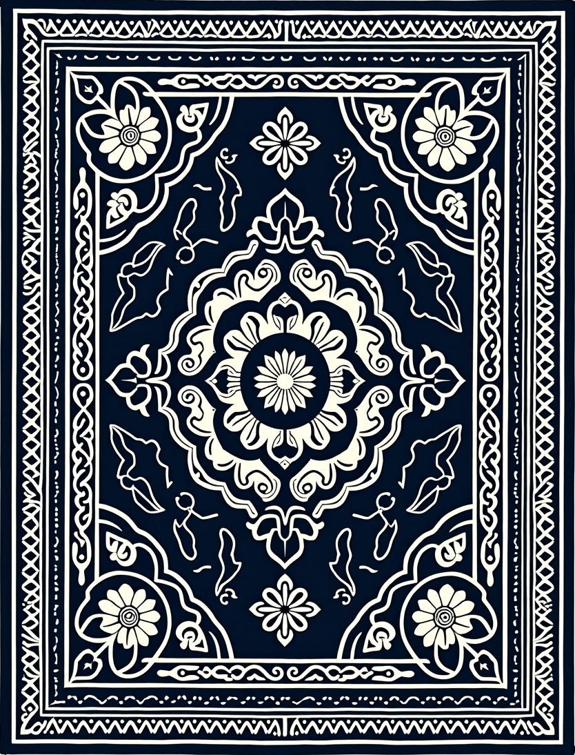 Navy Ivory Floral Medallion Border Rug