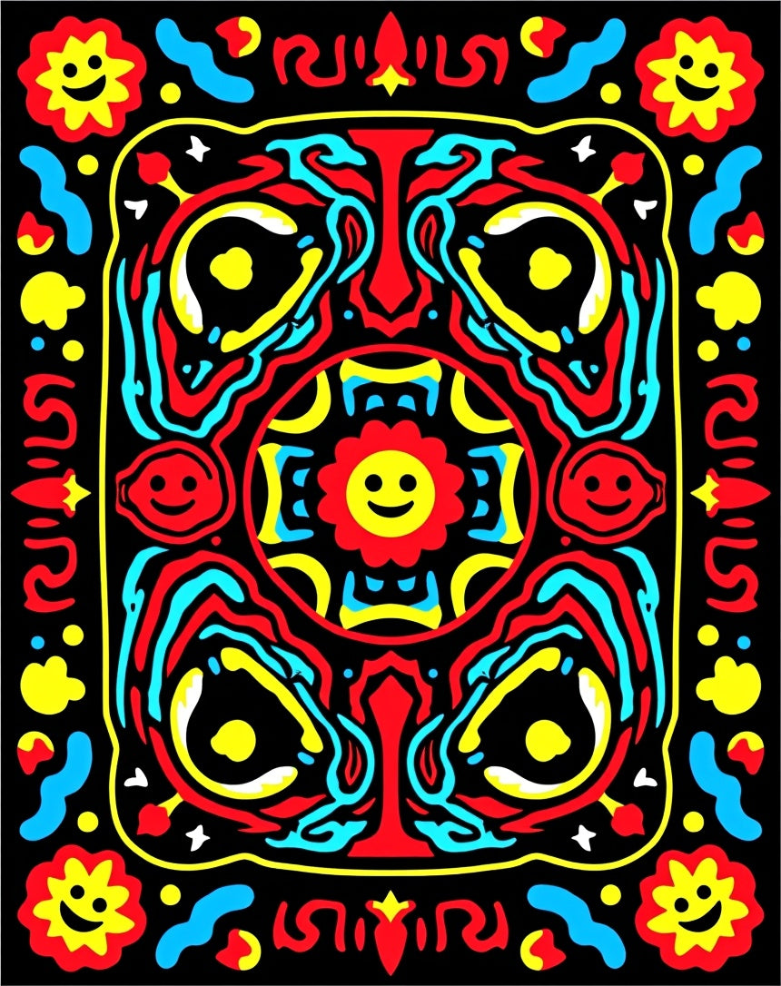 Vibrant Red Yellow Blue Smiling Sun Rug