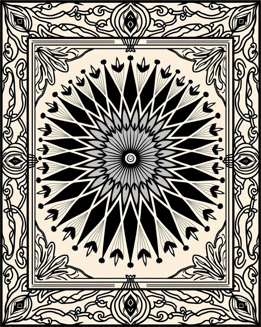 Black and Gray Sunburst Medallion Rug