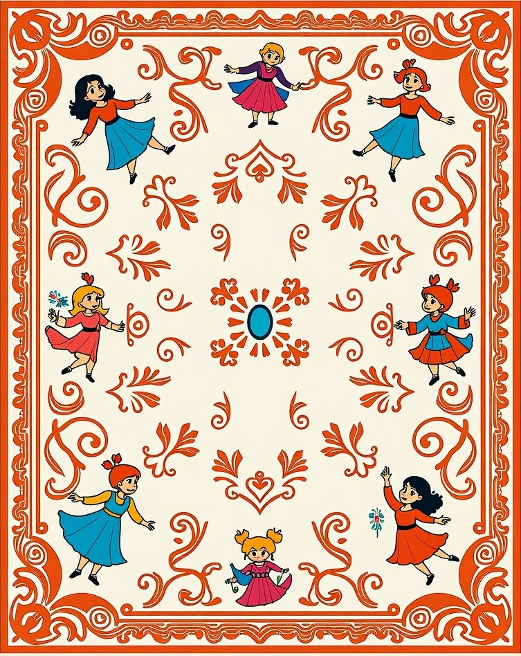 Whimsical Dancing Girls Orange Border Rug