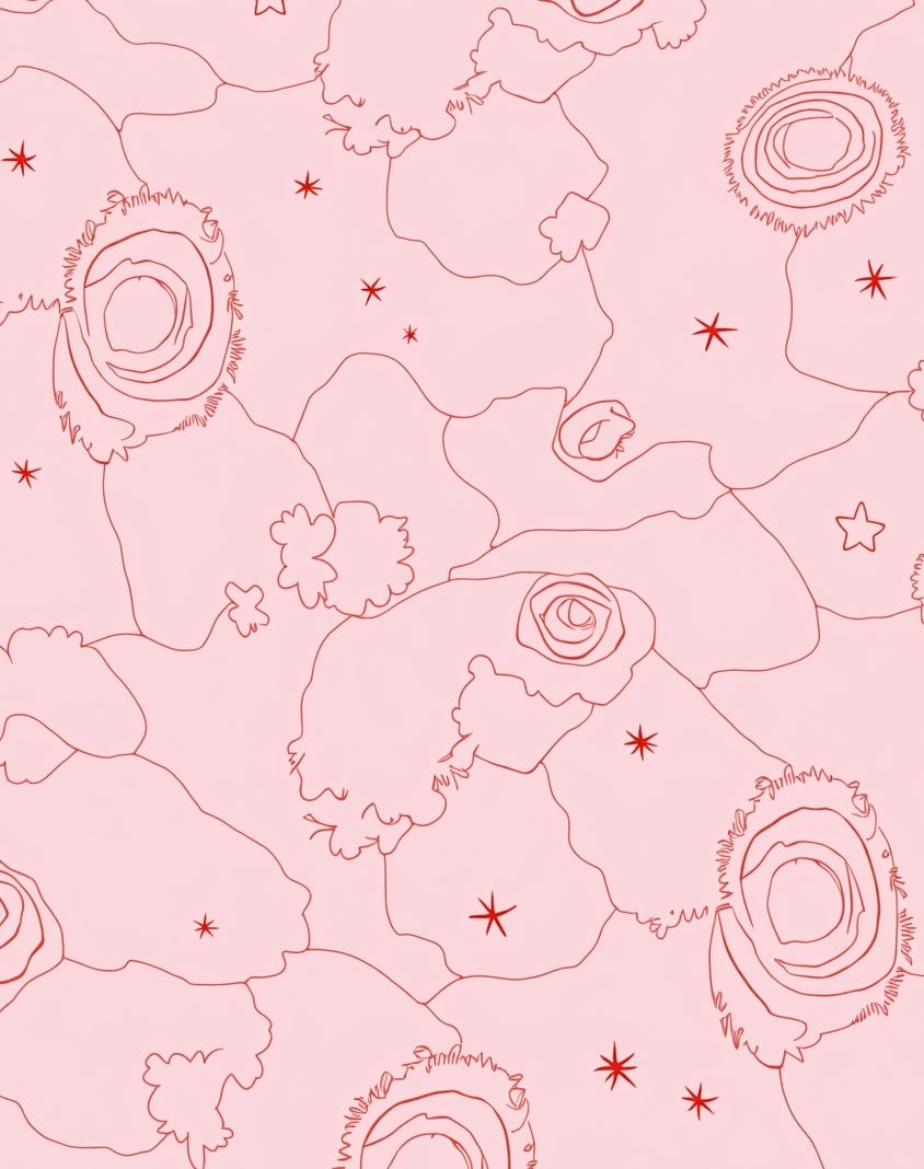 Soft Pink Floral Outline Whimsical Arrangement Rug