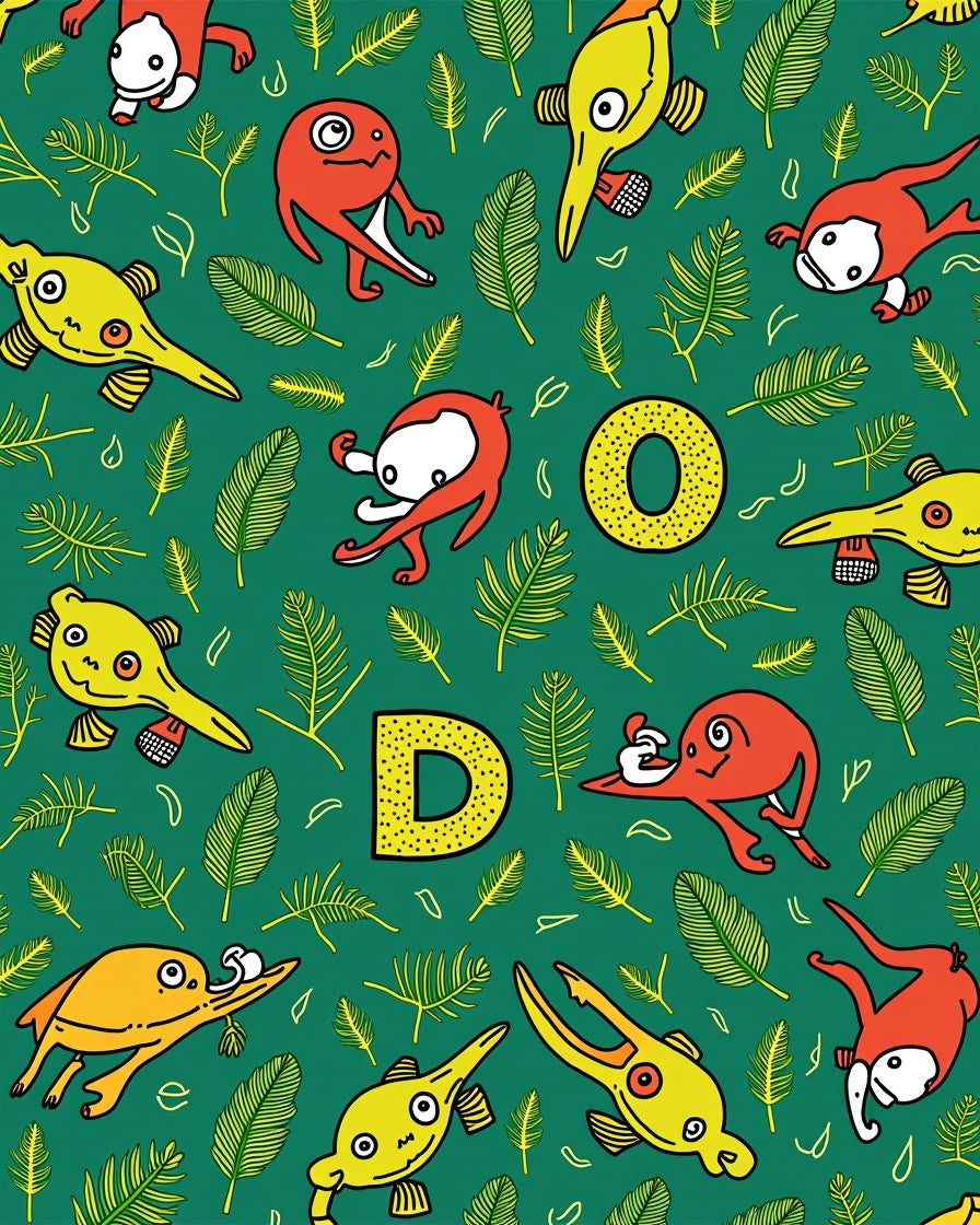 Green Yellow Red Doodle Creatures Ferns Rug
