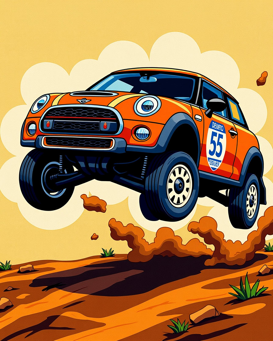 Orange Rally Car Mid-Air Jump Rug