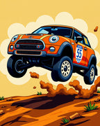 Orange Rally Car Mid-Air Jump Rug
