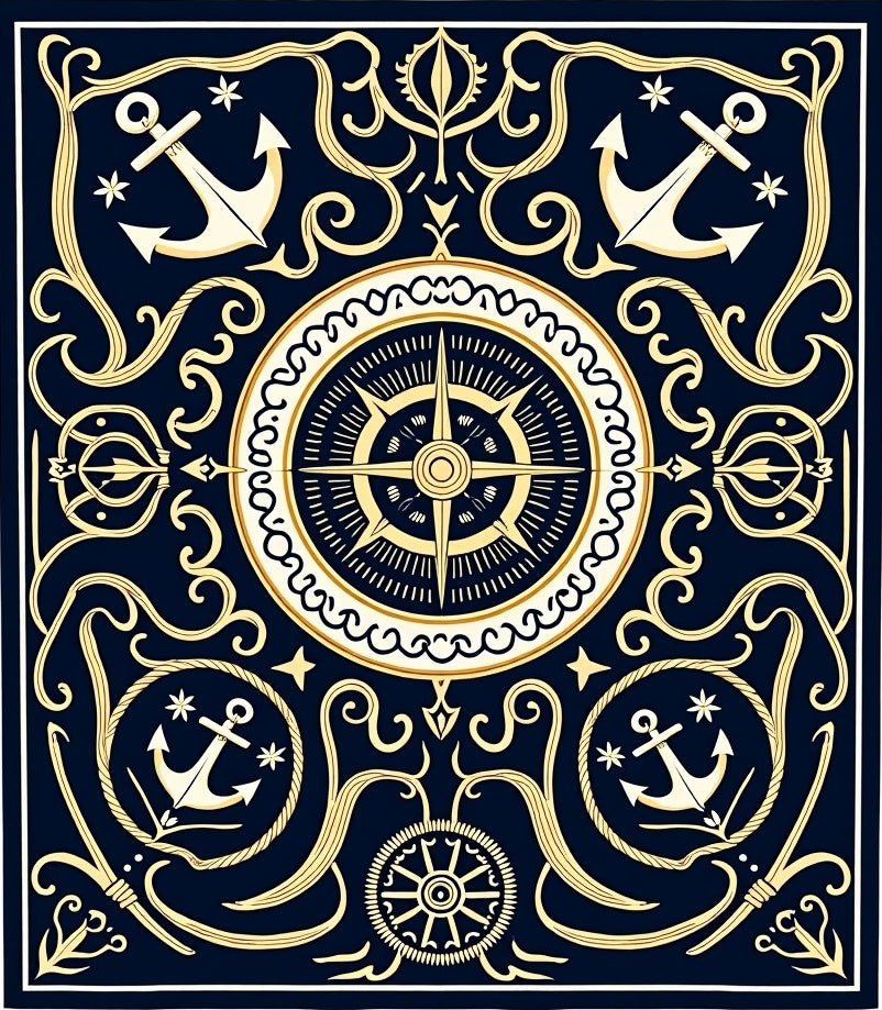 Nautical Navy Gold Anchor Compass Rose Rug