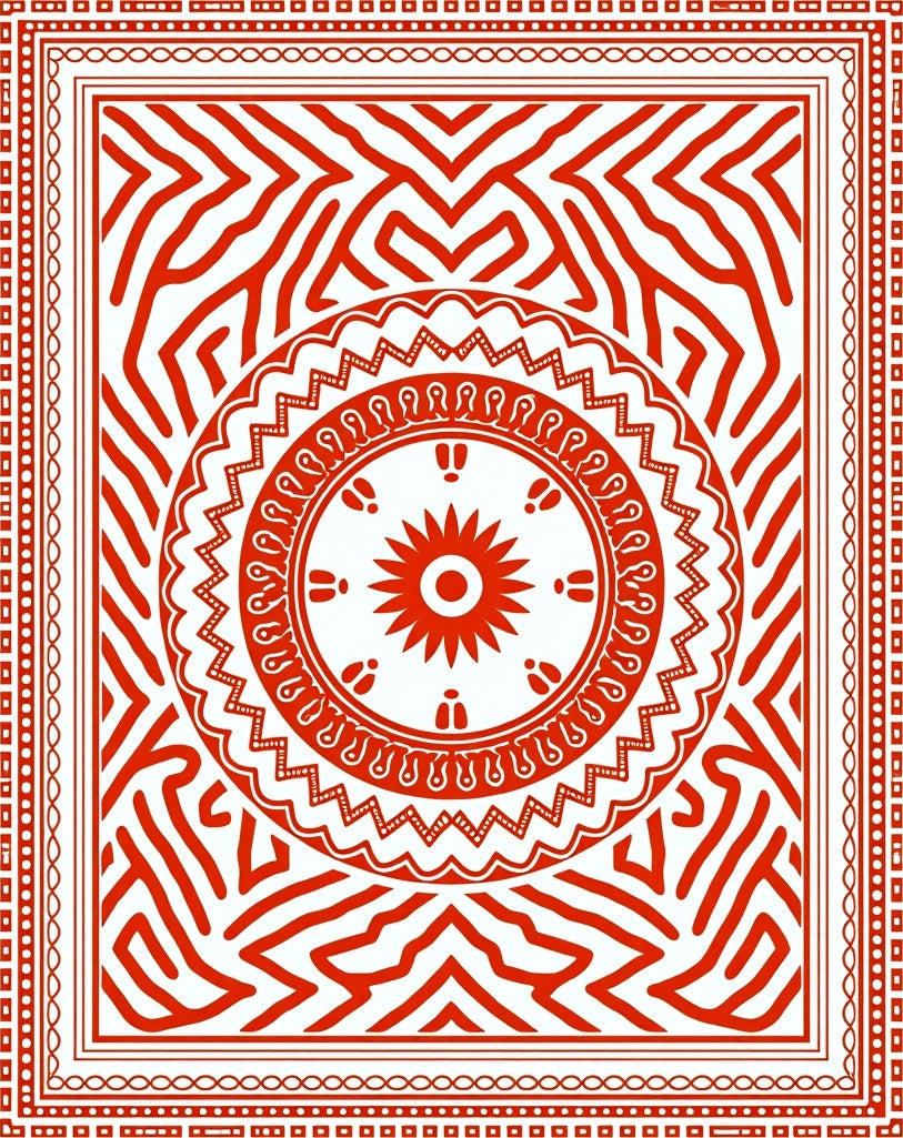 Bold Red Geometric Medallion Border Rug