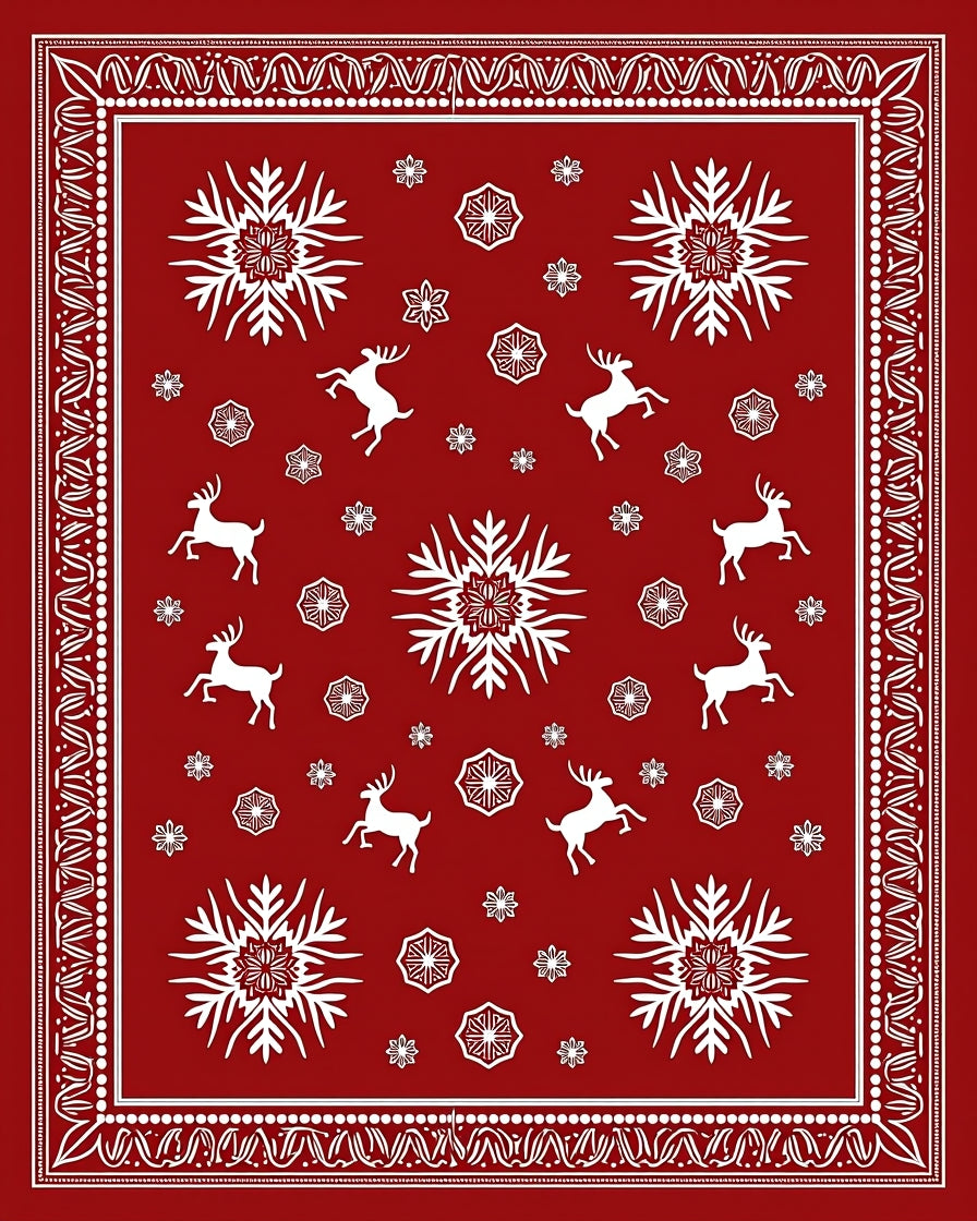 Red Snowflakes Reindeer Winter Border Rug