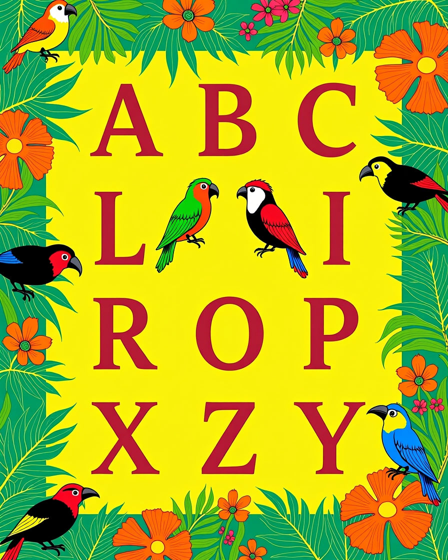 Tropical Exotic Birds Alphabet Border Rug