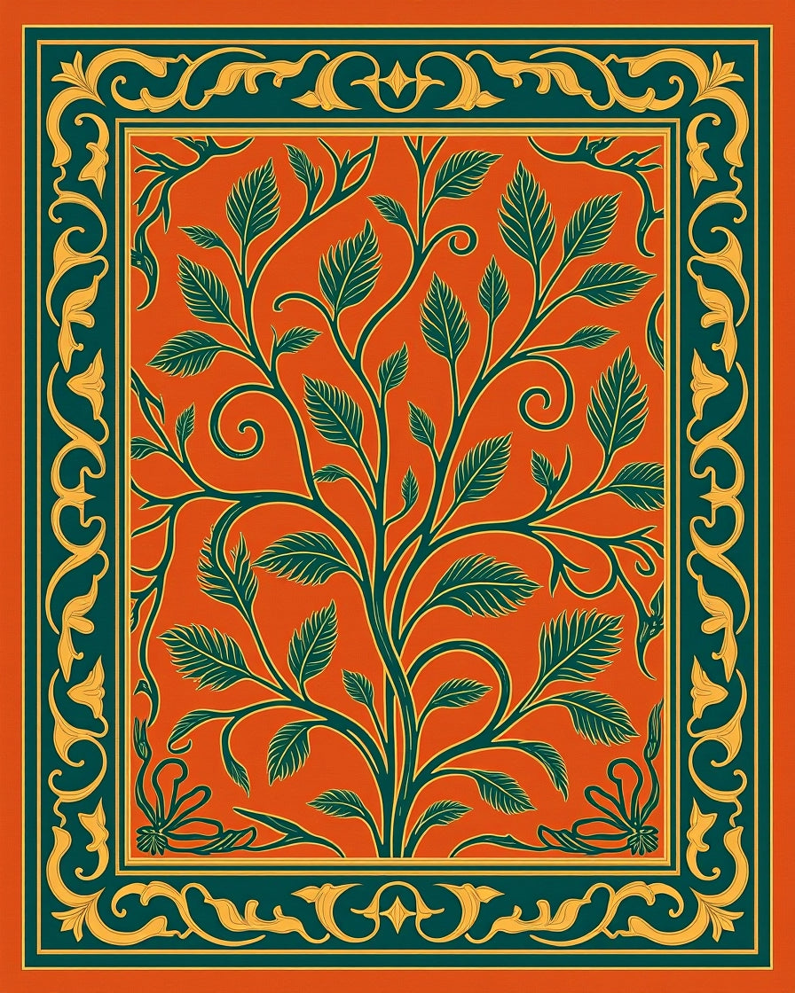 Emerald Green Orange Floral Tree Rug