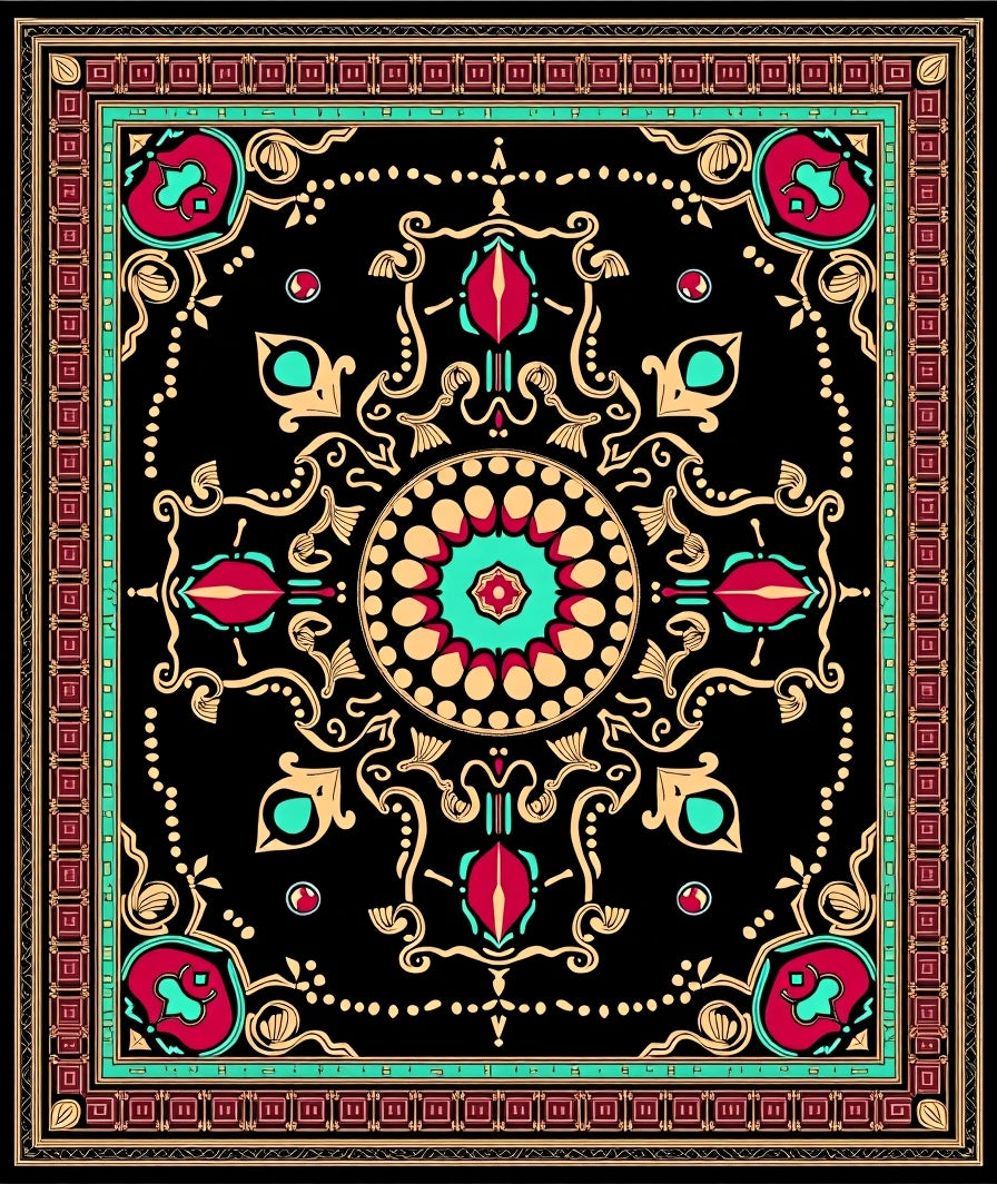 Bold Crimson Teak Scrollwork Medallion Rug
