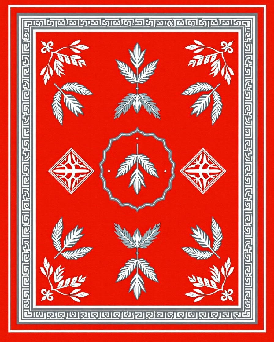 Red White Gray Botanical Medallion Rug