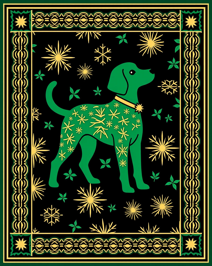 Green Dog Yellow Starburst Snowflake Border Rug