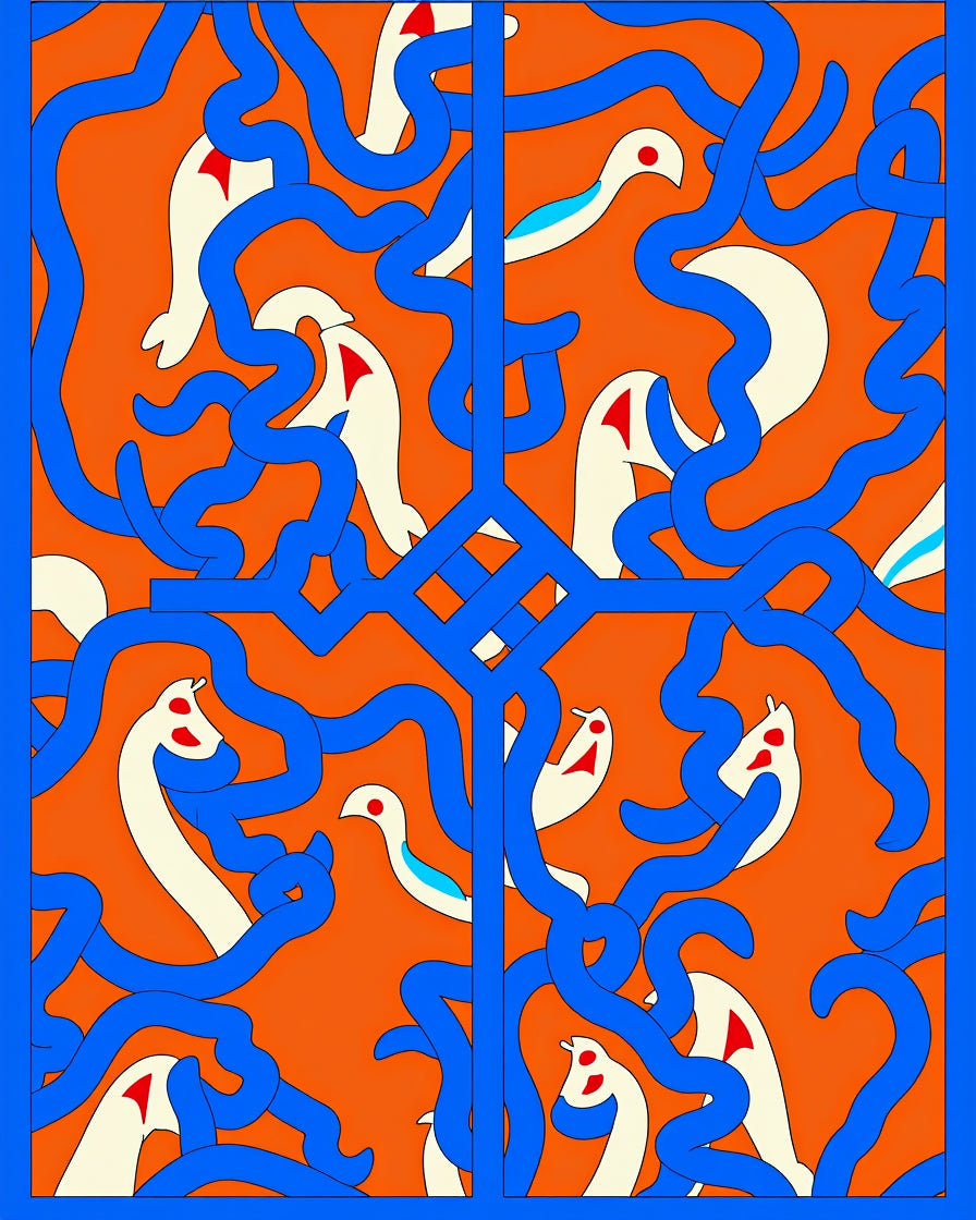 Whimsical White Birds Blue Swirls Orange Rug