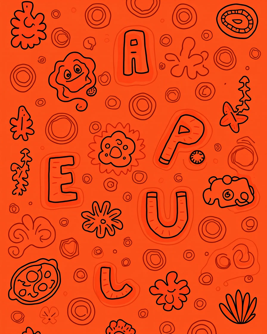 Orange Whimsical Alphabet Creatures Rug