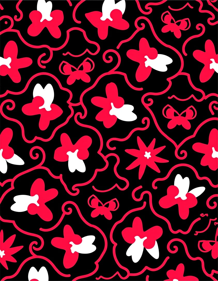 Whimsical Red Floral Butterfly Swirl Rug