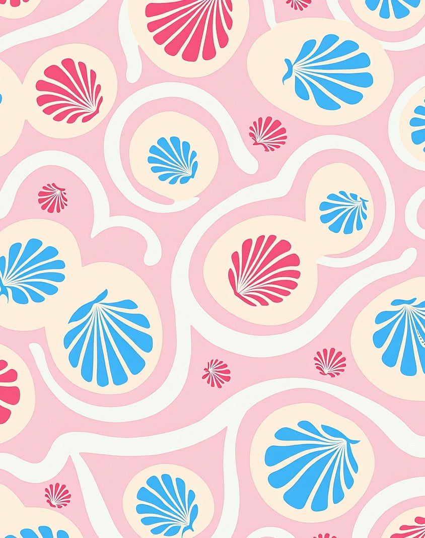 Pink Cream Blue Seashell Overlay Rug